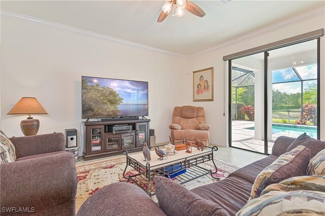 11937 Silver Cobblestone Way, Fort Myers, FL 33913 - living room featuring ceiling fan and ornamental molding
