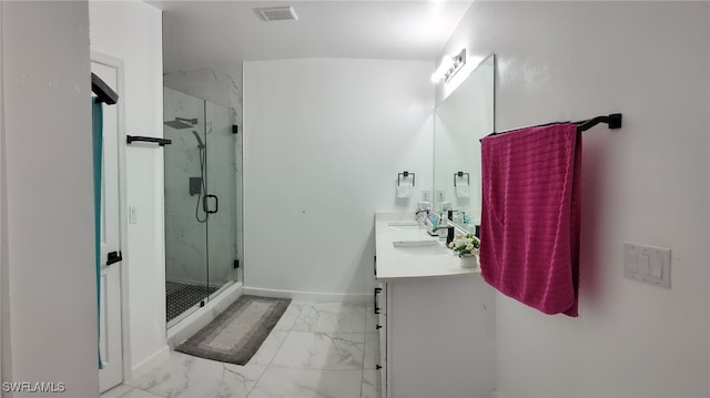 2709 SW 4th Pl, Cape Coral, FL 33914 - full bathroom with marble look tiles, double vanity, a marble finish shower, and baseboards