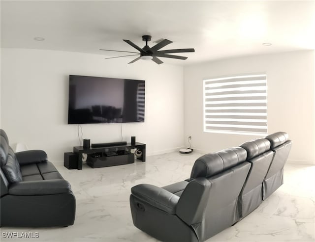 2709 SW 4th Pl, Cape Coral, FL 33914 - living area featuring a ceiling fan, marble look tiles, baseboards, and recessed lighting