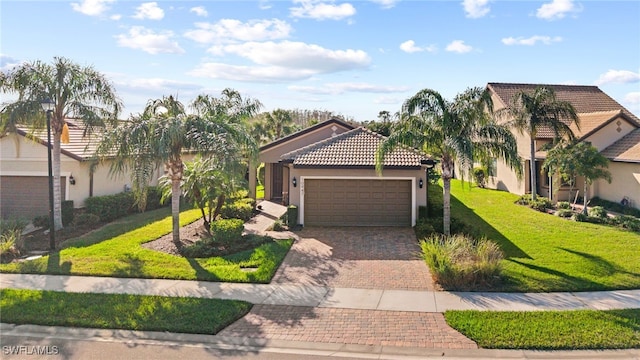 10947 Clarendon St, Fort Myers, FL 33913 - view of front of home featuring a garage, a front lawn, stucco siding, decorative driveway, and a tiled roof