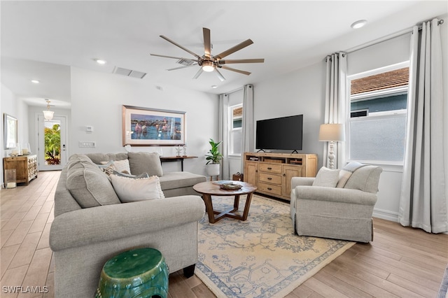 16523 Crescent Beach Way, Bonita Springs, FL 34135 - living room featuring ceiling fan, light wood-style floors, and recessed lighting