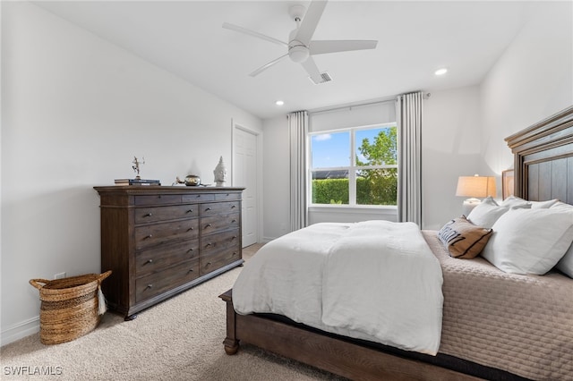16523 Crescent Beach Way, Bonita Springs, FL 34135 - bedroom with light colored carpet, recessed lighting, ceiling fan, and baseboards
