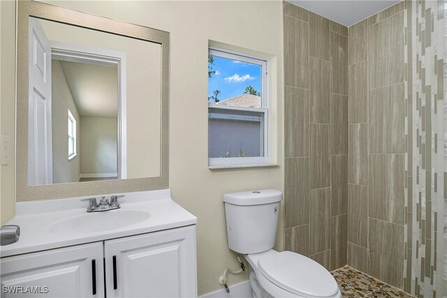 876 Apartment St E, Lehigh Acres, FL 33974 - bathroom with toilet, vanity, tiled shower, and healthy amount of natural light