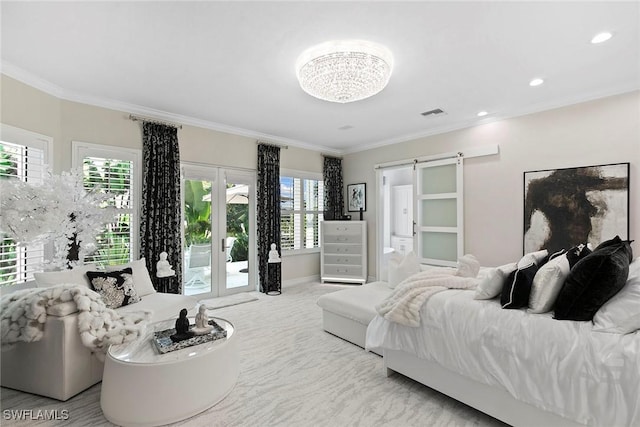 287 Meadowlark Ct, Marco Island, FL 34145 - bedroom with ornamental molding, access to outside, a barn door, recessed lighting, and baseboards