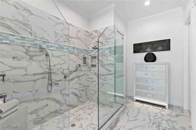 287 Meadowlark Ct, Marco Island, FL 34145 - full bathroom featuring a marble finish shower, marble finish floors, ornamental molding, and recessed lighting