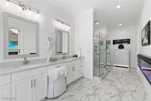 287 Meadowlark Ct, Marco Island, FL 34145 - full bathroom with marble look tile flooring, ornamental molding, a shower stall, recessed lighting, and vanity