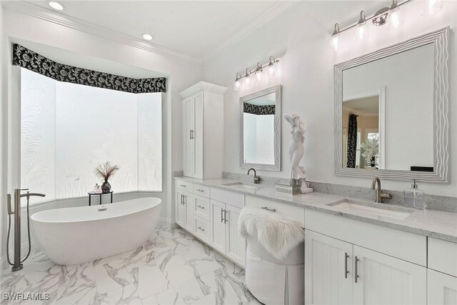 287 Meadowlark Ct, Marco Island, FL 34145 - bathroom with marble finish flooring, double vanity, ornamental molding, a soaking tub, and recessed lighting