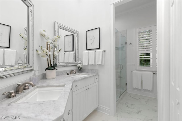 287 Meadowlark Ct, Marco Island, FL 34145 - bathroom featuring marble finish floors, a shower stall, baseboards, and double vanity