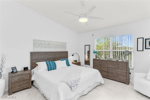 154 Newport Dr Unit 1307, Naples, FL 34114 - bedroom with light marble finish floors, lofted ceiling, and ceiling fan