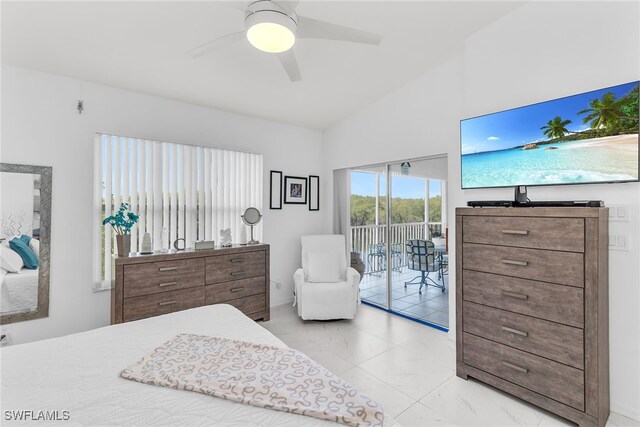 154 Newport Dr Unit 1307, Naples, FL 34114 - bedroom with access to exterior, light marble finish flooring, a ceiling fan, high vaulted ceiling, and baseboards