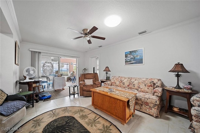 134 Dartmouth Dr NW, Port Charlotte, FL 33952 - living room featuring a ceiling fan, crown molding, light tile patterned flooring, and a textured ceiling