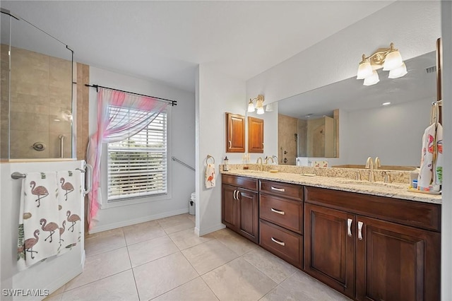 134 Dartmouth Dr NW, Port Charlotte, FL 33952 - full bathroom with double vanity, tiled shower, tile patterned flooring, toilet, and baseboards