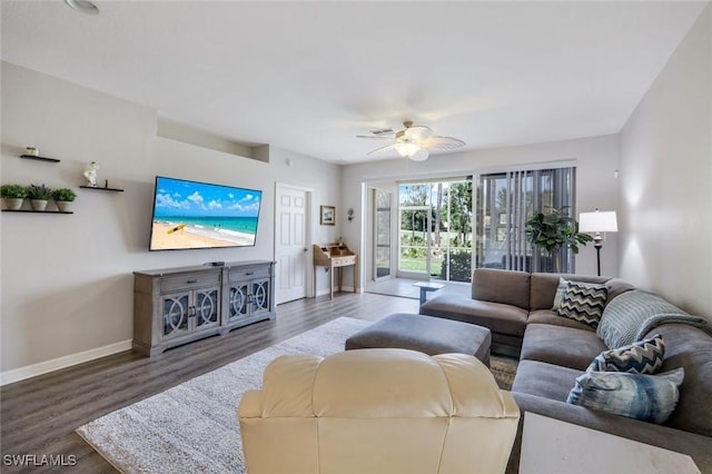 20101 Seagrove St Unit 702, Estero, FL 33928 - living room featuring wood finished floors, baseboards, and ceiling fan