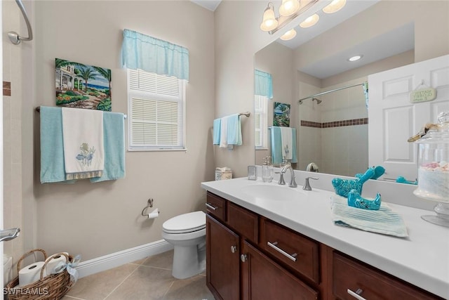 10450 Materita Dr, Fort Myers, FL 33913 - bathroom featuring tiled shower, tile patterned flooring, toilet, vanity, and baseboards