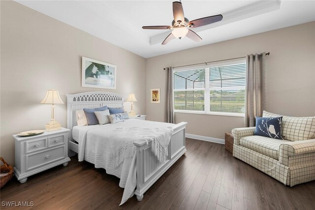 10450 Materita Dr, Fort Myers, FL 33913 - bedroom with a tray ceiling, dark wood-style flooring, baseboards, and a ceiling fan