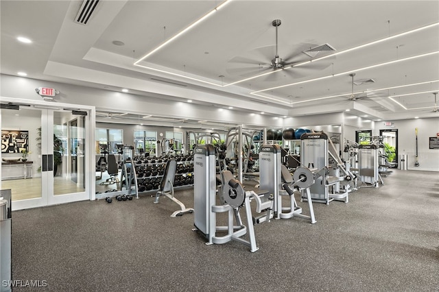 4172 Crescent Ct, Naples, FL 34119 - exercise room featuring a raised ceiling, ceiling fan, and french doors