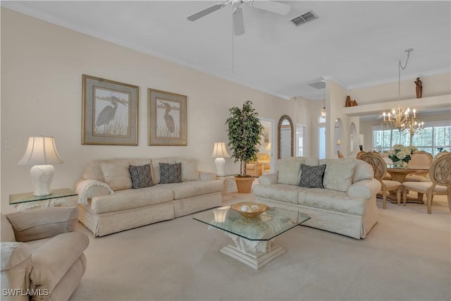 8032 Kilkenny Way Unit G33, Naples, FL 34112 - carpeted living area featuring a chandelier, ornamental molding, and ceiling fan