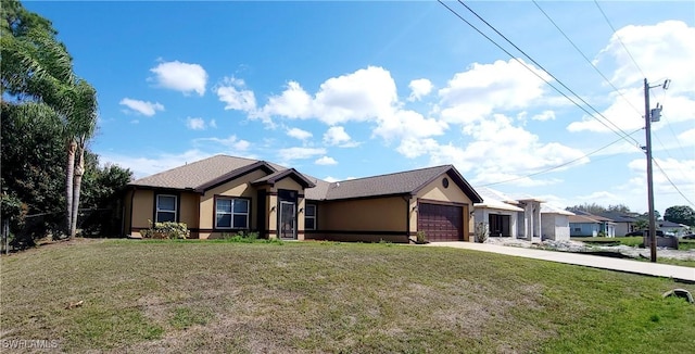 506 Desoto Ave, Lehigh Acres, FL 33972 - ranch-style house with a garage, stucco siding, a front yard, and concrete driveway