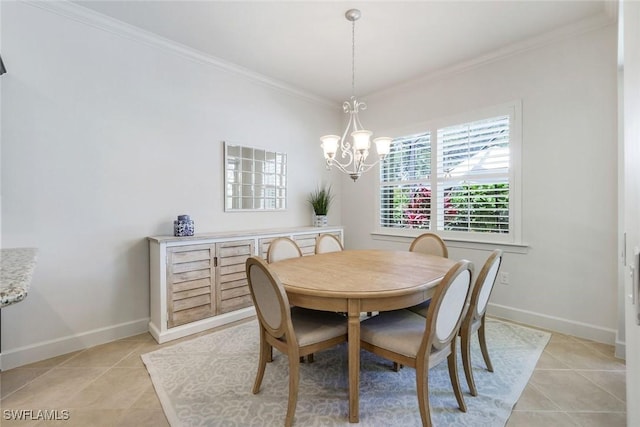 9578 Coquina Cir, Naples, FL 34120 - dining area featuring light tile patterned floors, a chandelier, ornamental molding, and baseboards