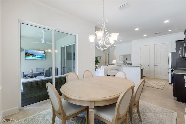 9578 Coquina Cir, Naples, FL 34120 - dining room with ornamental molding, a chandelier, recessed lighting, light tile patterned flooring, and ceiling fan