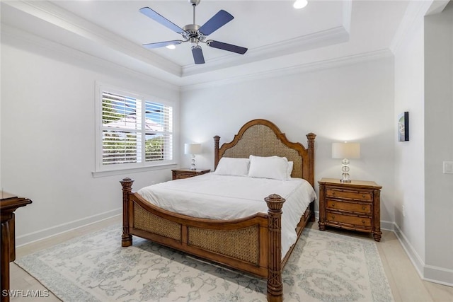 9578 Coquina Cir, Naples, FL 34120 - bedroom featuring a raised ceiling, crown molding, baseboards, ceiling fan, and recessed lighting