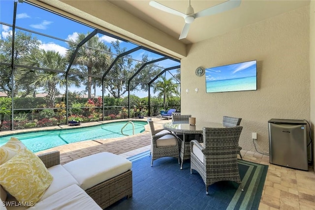 9578 Coquina Cir, Naples, FL 34120 - outdoor pool with a patio, a ceiling fan, and a lanai
