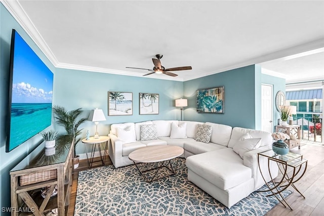 333 Harbour Dr Unit 201, Naples, FL 34103 - living area featuring ornamental molding, wood finished floors, and a ceiling fan