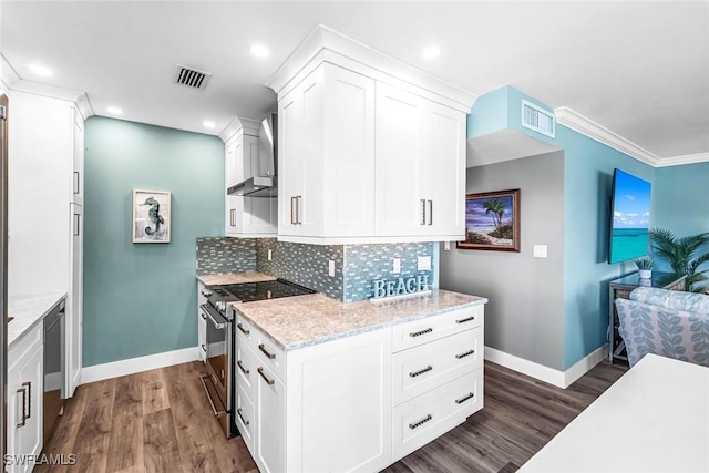 333 Harbour Dr Unit 201, Naples, FL 34103 - kitchen featuring stainless steel electric range oven, wall chimney range hood, baseboards, dark wood finished floors, and recessed lighting