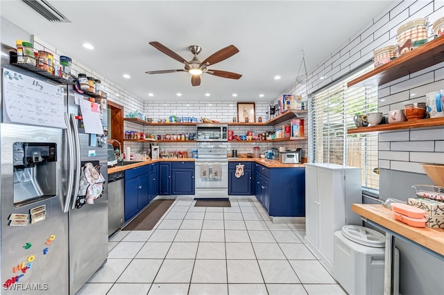 626 103rd Ave N, Naples, FL 34108 - kitchen featuring blue cabinetry, open shelves, stainless steel appliances, a ceiling fan, and recessed lighting