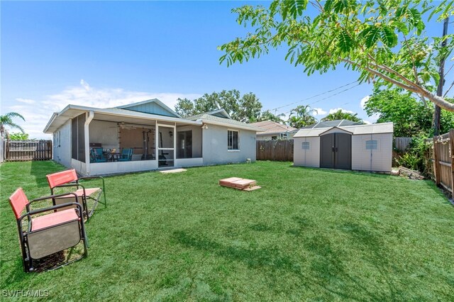 626 103rd Ave N, Naples, FL 34108 - rear view of house with a sunroom, stucco siding, and ceiling fan