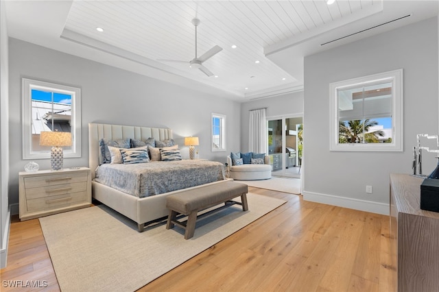 217 13th St S, Naples, FL 34102 - bedroom with wooden ceiling, recessed lighting, light wood finished floors, baseboards, and a raised ceiling
