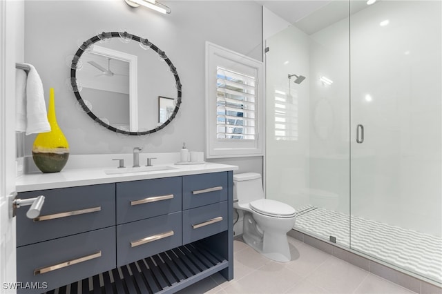 217 13th St S, Naples, FL 34102 - bathroom featuring a stall shower, toilet, vanity, and tile patterned flooring