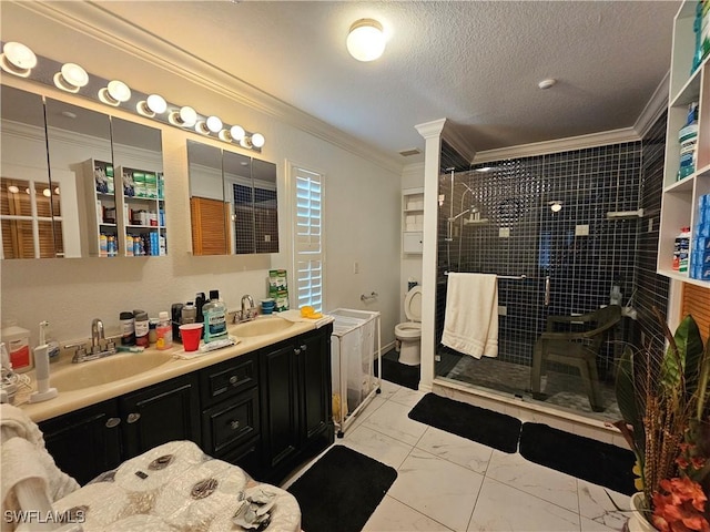 3903 1st St SW, Lehigh Acres, FL 33976 - full bathroom with crown molding, double vanity, a shower stall, toilet, and marble finish floors
