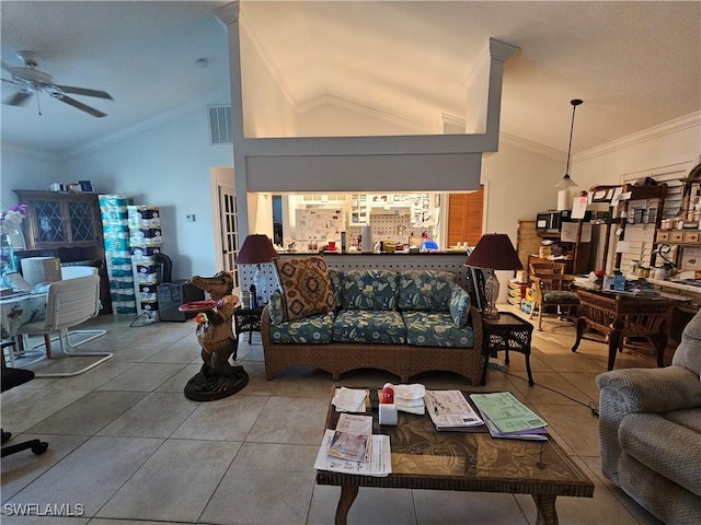 3903 1st St SW, Lehigh Acres, FL 33976 - living area with lofted ceiling, a ceiling fan, tile patterned flooring, and crown molding