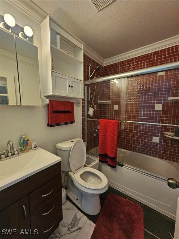 3903 1st St SW, Lehigh Acres, FL 33976 - full bath with crown molding, vanity, toilet, enclosed tub / shower combo, and a textured ceiling
