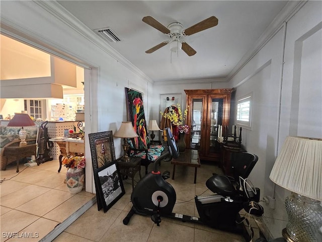 3903 1st St SW, Lehigh Acres, FL 33976 - workout room featuring tile patterned flooring, ceiling fan, and ornamental molding