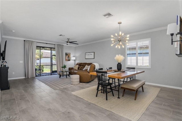 17326 Ashcomb Way, Estero, FL 33928 - dining space with a ceiling fan, crown molding, a chandelier, baseboards, and light wood finished floors