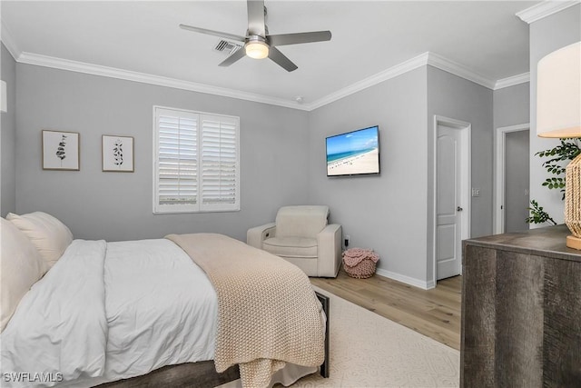17326 Ashcomb Way, Estero, FL 33928 - bedroom with light wood-style floors, baseboards, ornamental molding, and ceiling fan