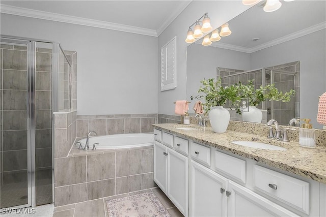 17326 Ashcomb Way, Estero, FL 33928 - bathroom with a stall shower, tile patterned flooring, double vanity, a bath, and ornamental molding
