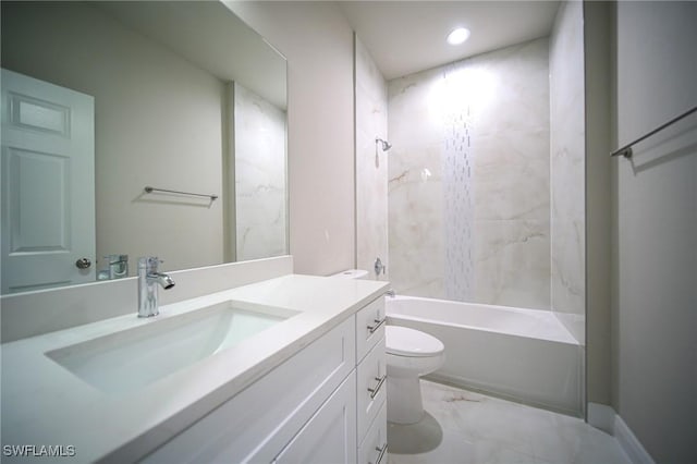 3711 6th St W, Lehigh Acres, FL 33971 - bathroom with toilet, tub / shower combination, vanity, marble look tiles, and recessed lighting