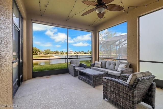 2642 Orange Grove Trl, Naples, FL 34120 - sunroom / solarium featuring ceiling fan, a water view, an outdoor hangout area, and healthy amount of natural light