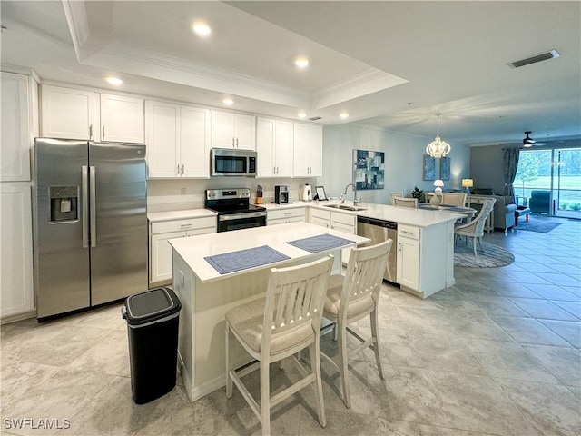 6023 Ellerston Way Unit 1816, Ave Maria, FL 34142 - kitchen with appliances with stainless steel finishes, crown molding, a sink, a raised ceiling, and a peninsula