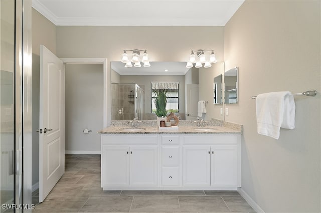 19694 Deming Ln, Estero, FL 33928 - full bath featuring a stall shower, double vanity, crown molding, a chandelier, and tile patterned floors