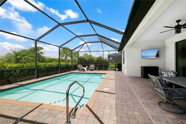 19694 Deming Ln, Estero, FL 33928 - outdoor pool with a patio area, a ceiling fan, and a lanai