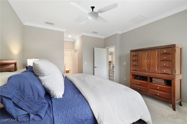 19694 Deming Ln, Estero, FL 33928 - bedroom with light colored carpet, crown molding, ceiling fan, ensuite bathroom, and recessed lighting