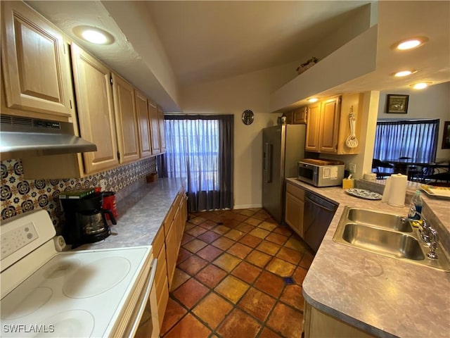 19966 Lake Vista Cir, Lehigh Acres, FL 33936 - kitchen featuring appliances with stainless steel finishes, under cabinet range hood, a sink, lofted ceiling, and decorative backsplash