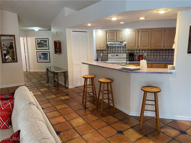 19966 Lake Vista Cir, Lehigh Acres, FL 33936 - kitchen with stove, under cabinet range hood, a breakfast bar area, and decorative backsplash