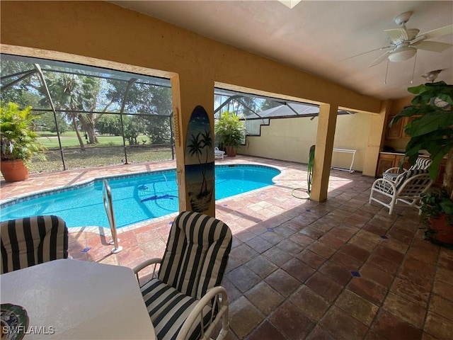 19966 Lake Vista Cir, Lehigh Acres, FL 33936 - outdoor pool with a patio, a ceiling fan, and glass enclosure