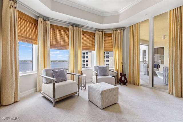14270 Royal Harbour Ct Unit 920, Fort Myers, FL 33908 - sitting room featuring ornamental molding, carpet floors, a raised ceiling, a water view, and baseboards