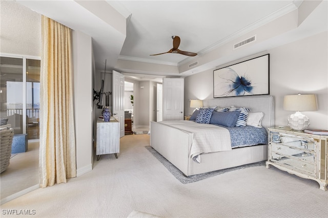 14270 Royal Harbour Ct Unit 920, Fort Myers, FL 33908 - carpeted bedroom with crown molding, ceiling fan, a tray ceiling, and baseboards
